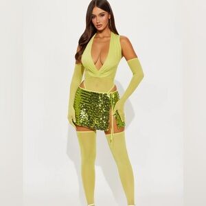 Jinx Mesh Bodysuit & Sequins Skirt Festival Rave Set - Chartreuse